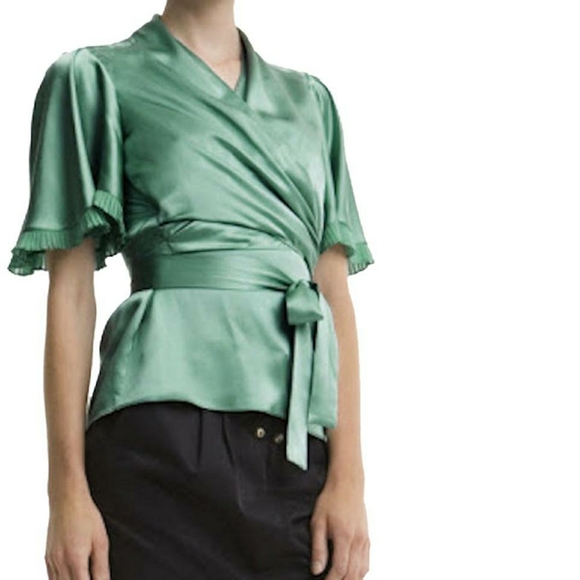 BCBGMaxAzria Tops - B2G1 BCBGMaxAzria Seafoam Green Silk Wrap Blouse
